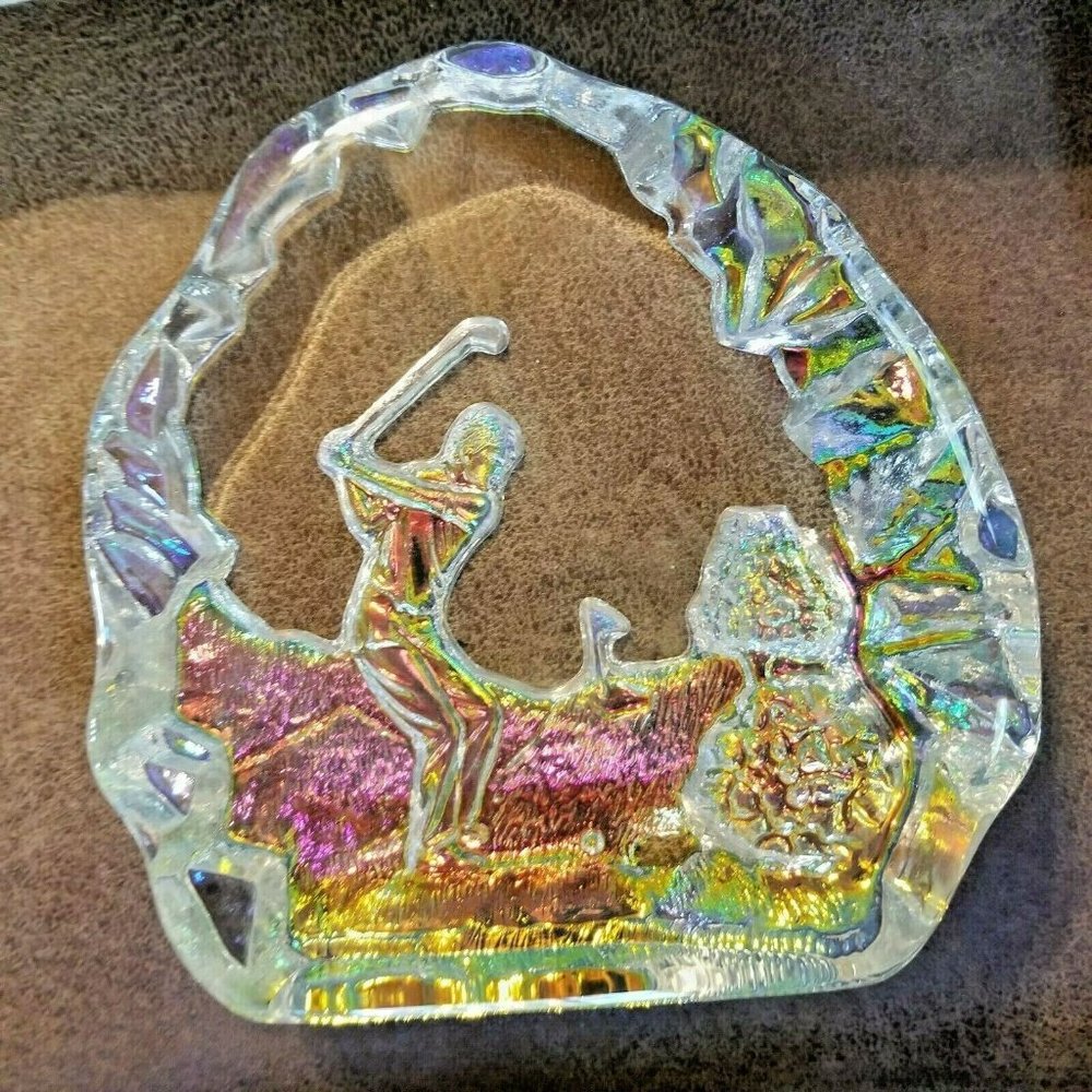 Crystal Iridescent Golf Award Trophy 5.5'' Plaque Padded Box Heavy Glass